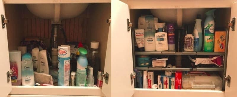 A reviewer photo of before and after using the shelf in the cabinet under the sink: on the left, there are products just on the bottom, while on the right there are way more protects organized nicely on the three shelves