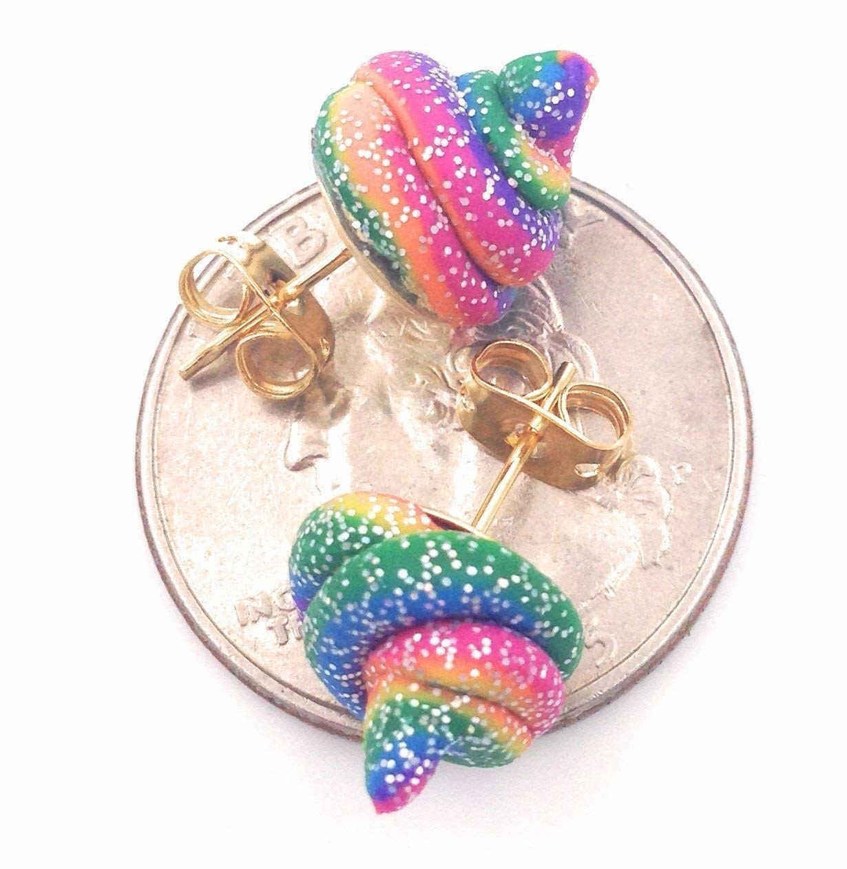 The earrings, which are the size of a penny and look like a pile of rainbow poop with glitter