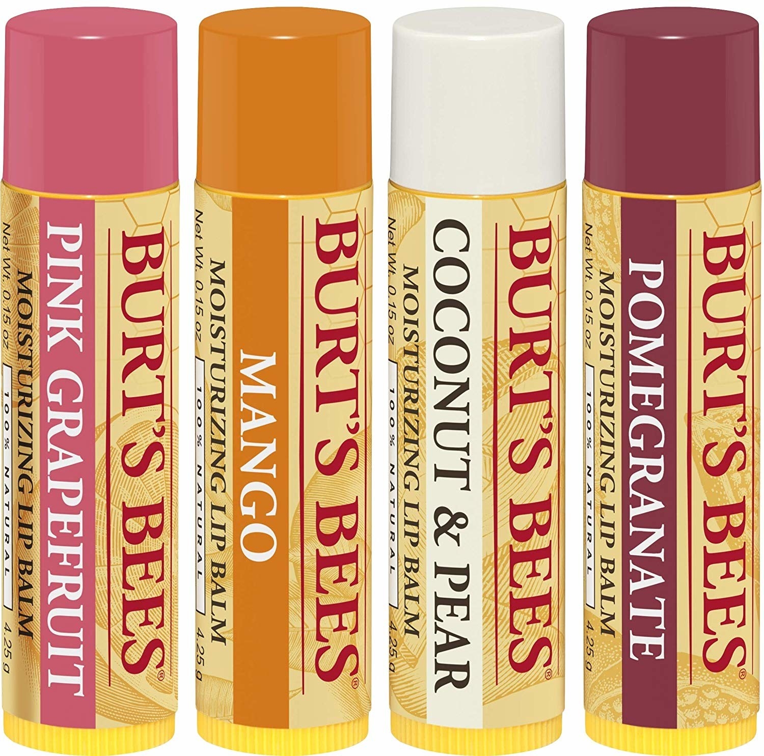 Tubes of lip balm in grapefruit, mango, coconut and pear, and pomegranate flavors