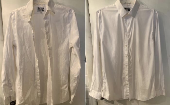 reviewer before and after images of a wrinkled white button down and the same shirt wrinkle-free