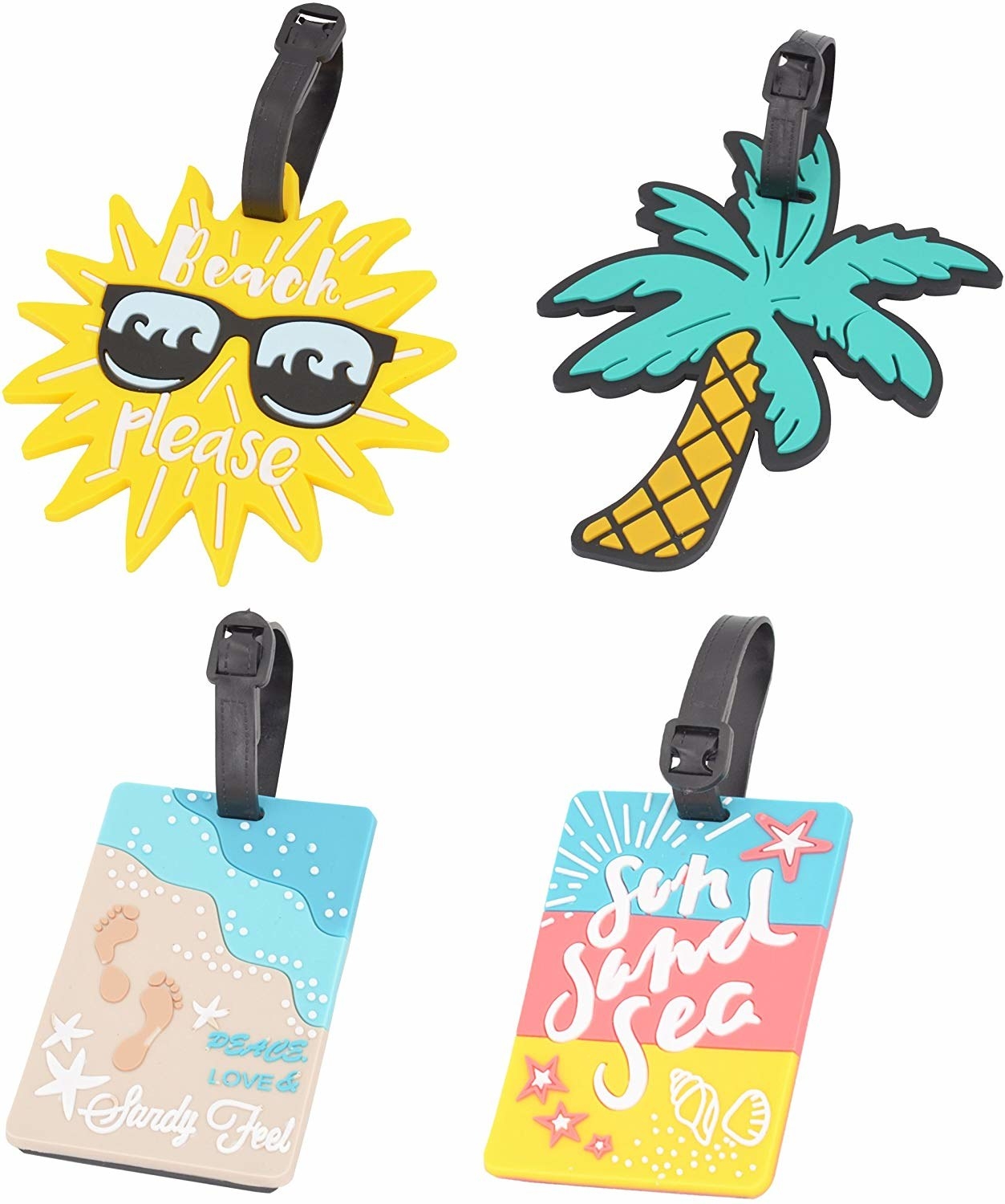 Luggage tags in the shape of a sun and palm tree and two rectangular ones. One depicts a beach and one says &quot;Sun Sand Sea&quot;