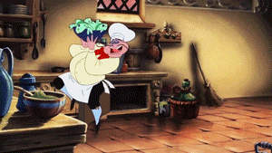 Chef from The Little Mermaid spinning while holding bowl of fish