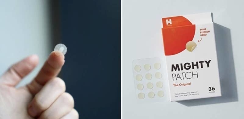 on the left: finger holds up small circular sticker with sebum on it. on the right: box of stickers that say &quot;mighty patch&quot;