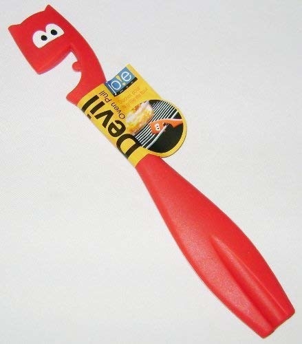 a red smiling rubber tool with devil ears