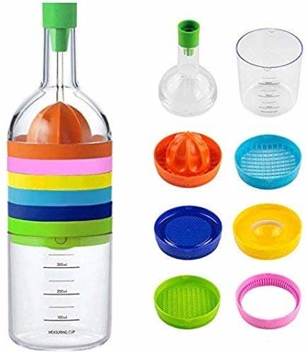 a measuring cup with other gadgets stacked on top of it as well as a bottle top that's actually a funnel, making the entire product look like a colorful plastic bottle