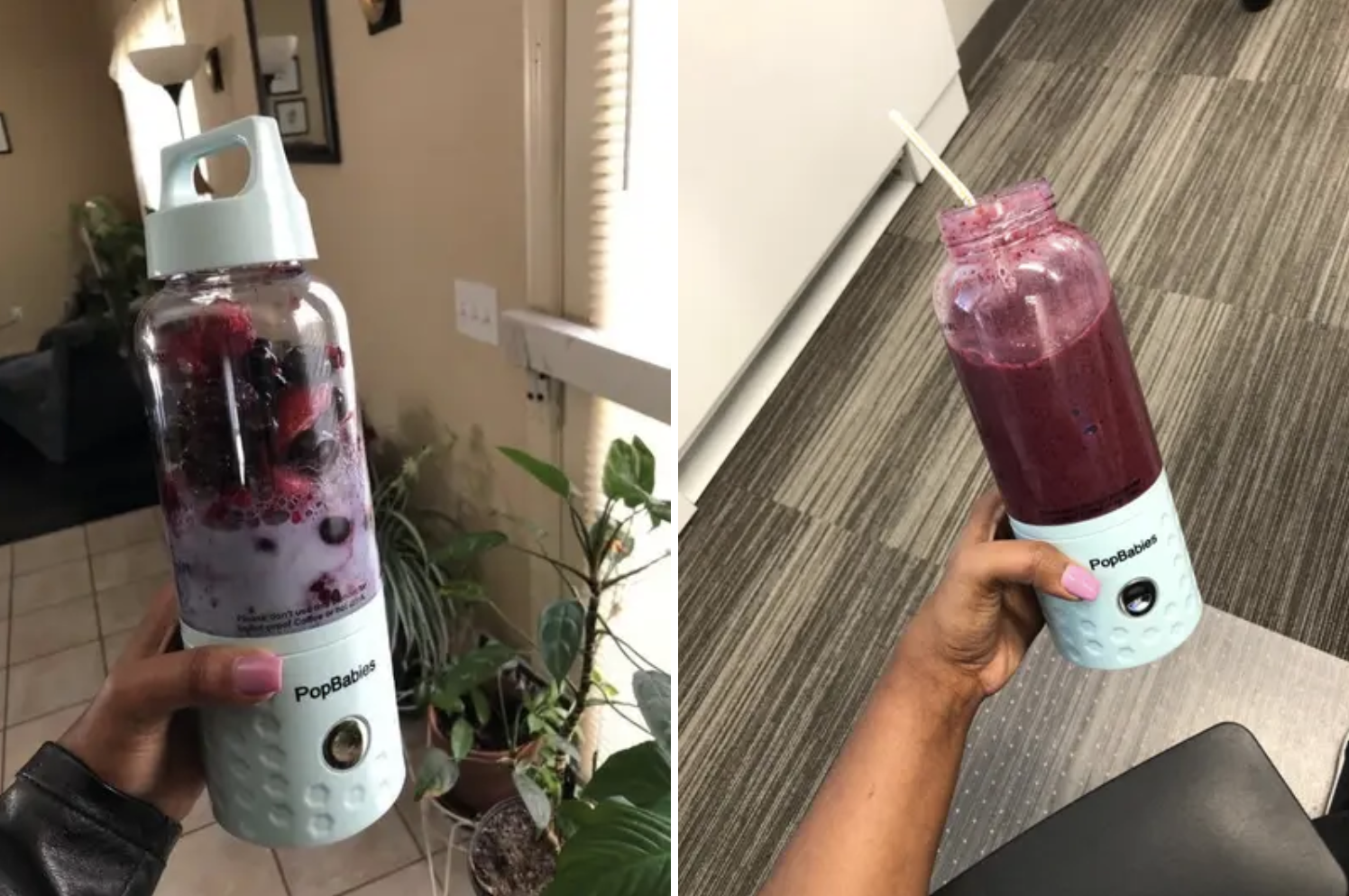 left: reviewer hand holds small bottle-shaped blender with fruit in it right: same bottle but the fruit is blended