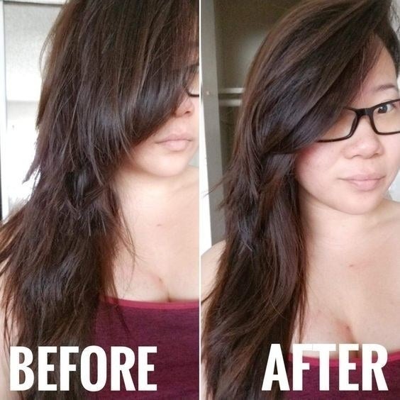 Reviewer's before-and-after with frizzy hair and then sleek hair