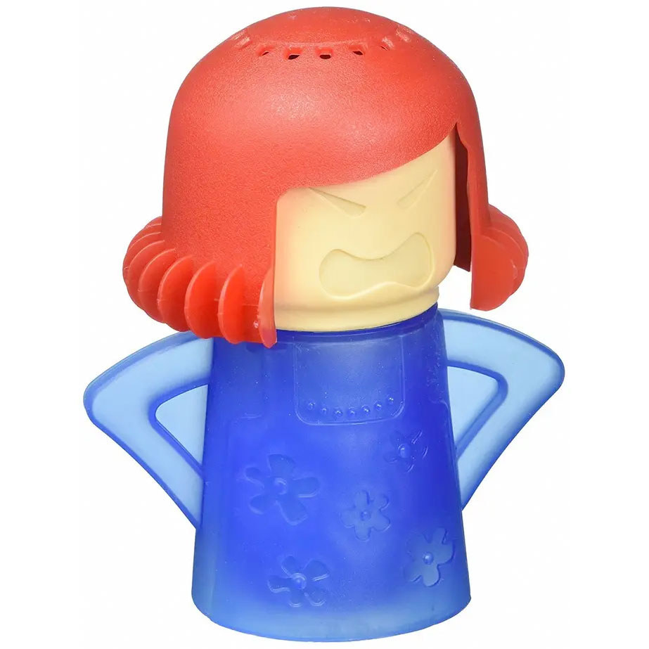 A tiny silicone steamer in the shape of a person with perforated holes on the top of their head