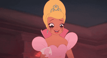 a gif of charlotte from the princess and the frog wiping away her tears and applying her makeup