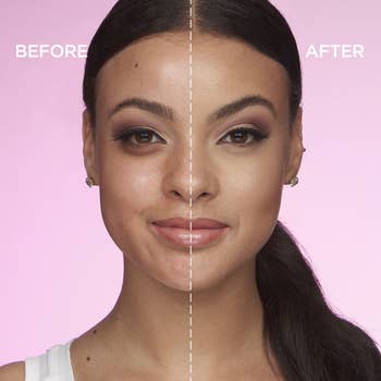 a before and after photo of a model's face with concealer