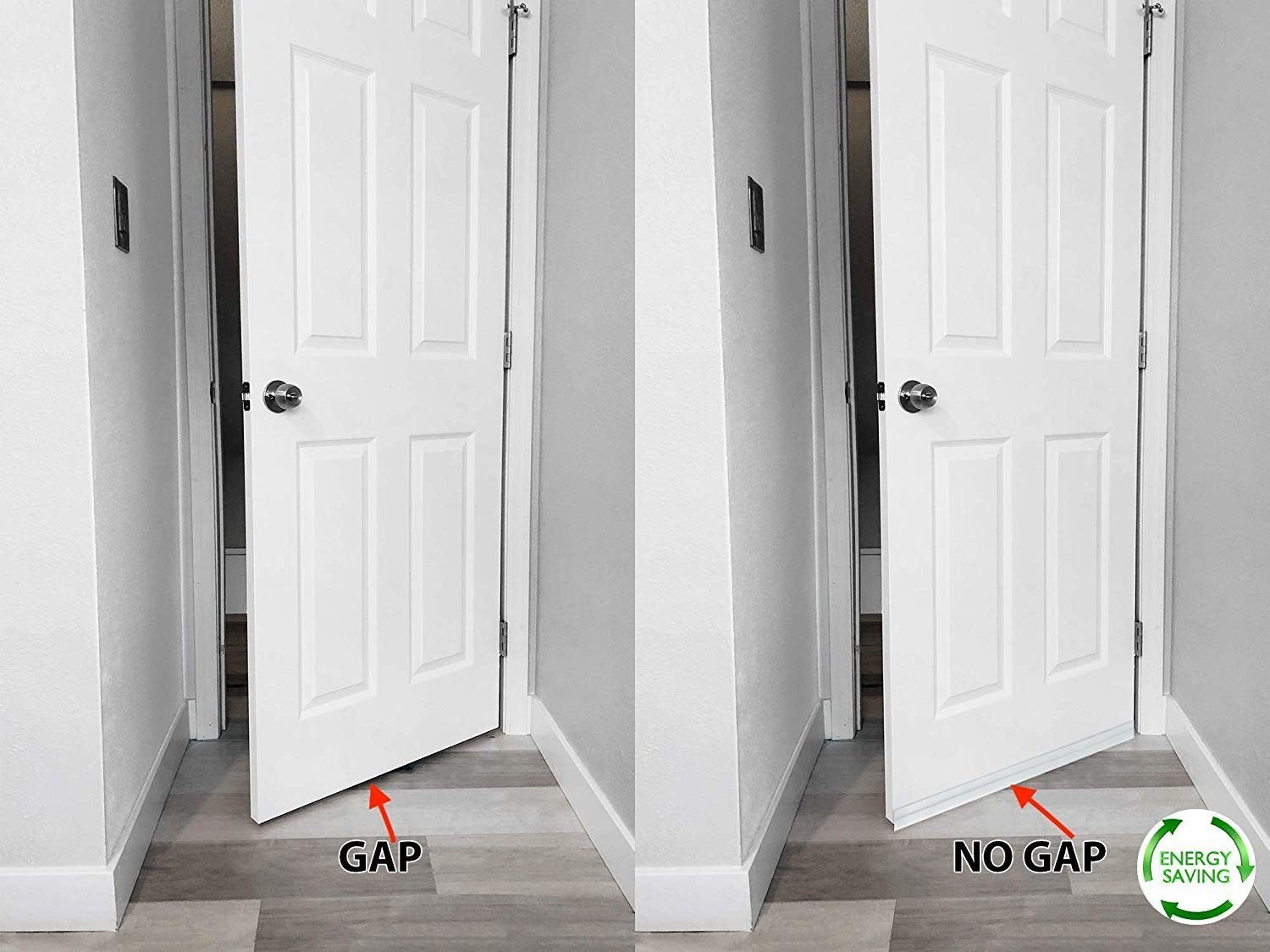 A before image of a door with a gap underneath it and an after image of the door with a thick sticker cover it so there&#x27;s no gap