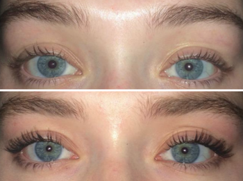 a reviewer's before and after photos with and without the mascara