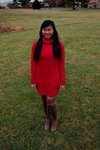 Reviewer in the red sweater worn as a dress