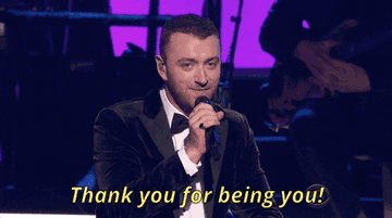 gif of sam smith saying &quot;thank you for being you&quot; at the grammys a few years ago
