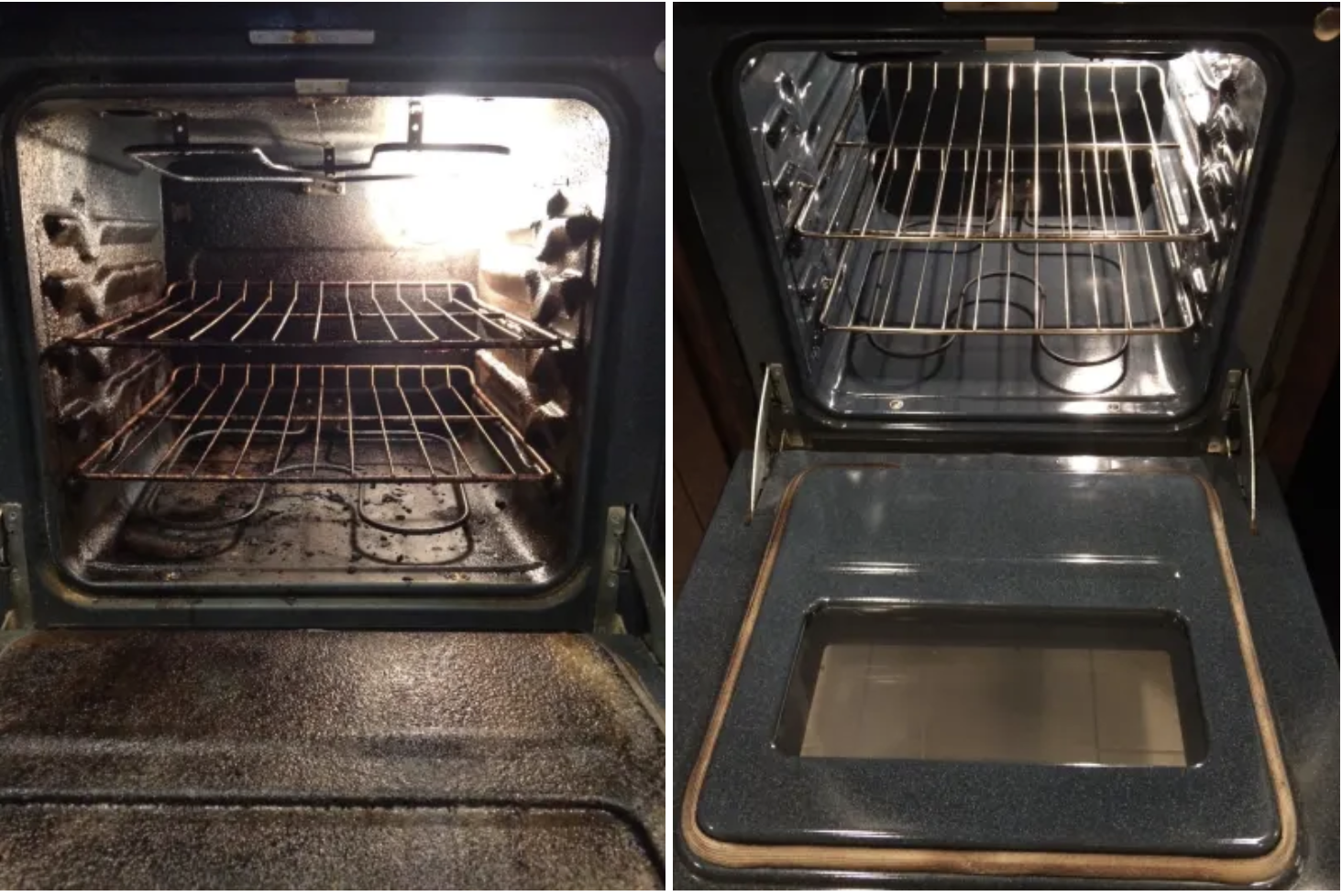 Left: A reviewer&#x27;s dirty, grease-baked-on oven / right: The same oven, shiny and clean after using the cleaner