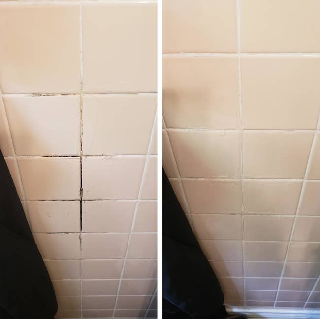 A reviewer's tile before and after removing black mold/grime on the grout