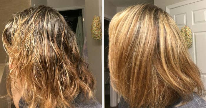 On the left, a reviewer's hair that is wet and messy, and on the right, the same reviewer's hand now looking perfectly blow dried