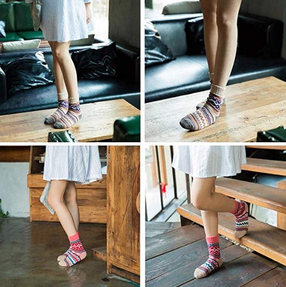 Four pictures of a person wearing a dress and thick knit socks