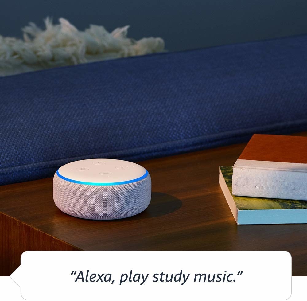 small disc-like echo dot and a speech bubble saying &quot;alexa, play study music&quot; 
