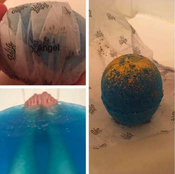 A reviewer's triptych of a wrapped and unwrapped blue bomb, plus their feet in a tub with the water turned bright blue