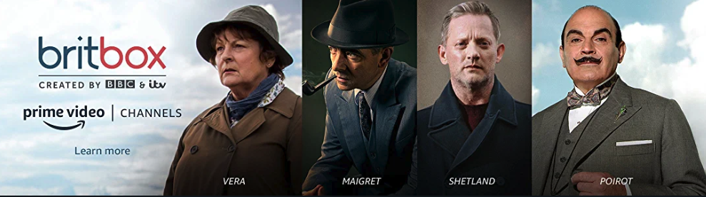 The Britbox banner, with photos for Vera, Maigret, Shetland, and Poirot shows