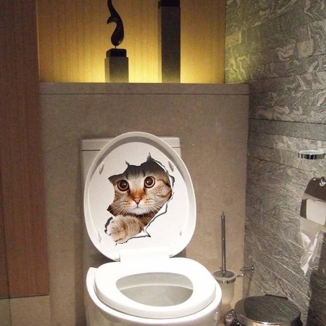 the sticker of a big cat looking as if it's ripping through the toilet and peeking through