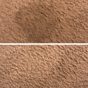 Reviewer's rug before-and-after using stain remover pads showing a stain removed