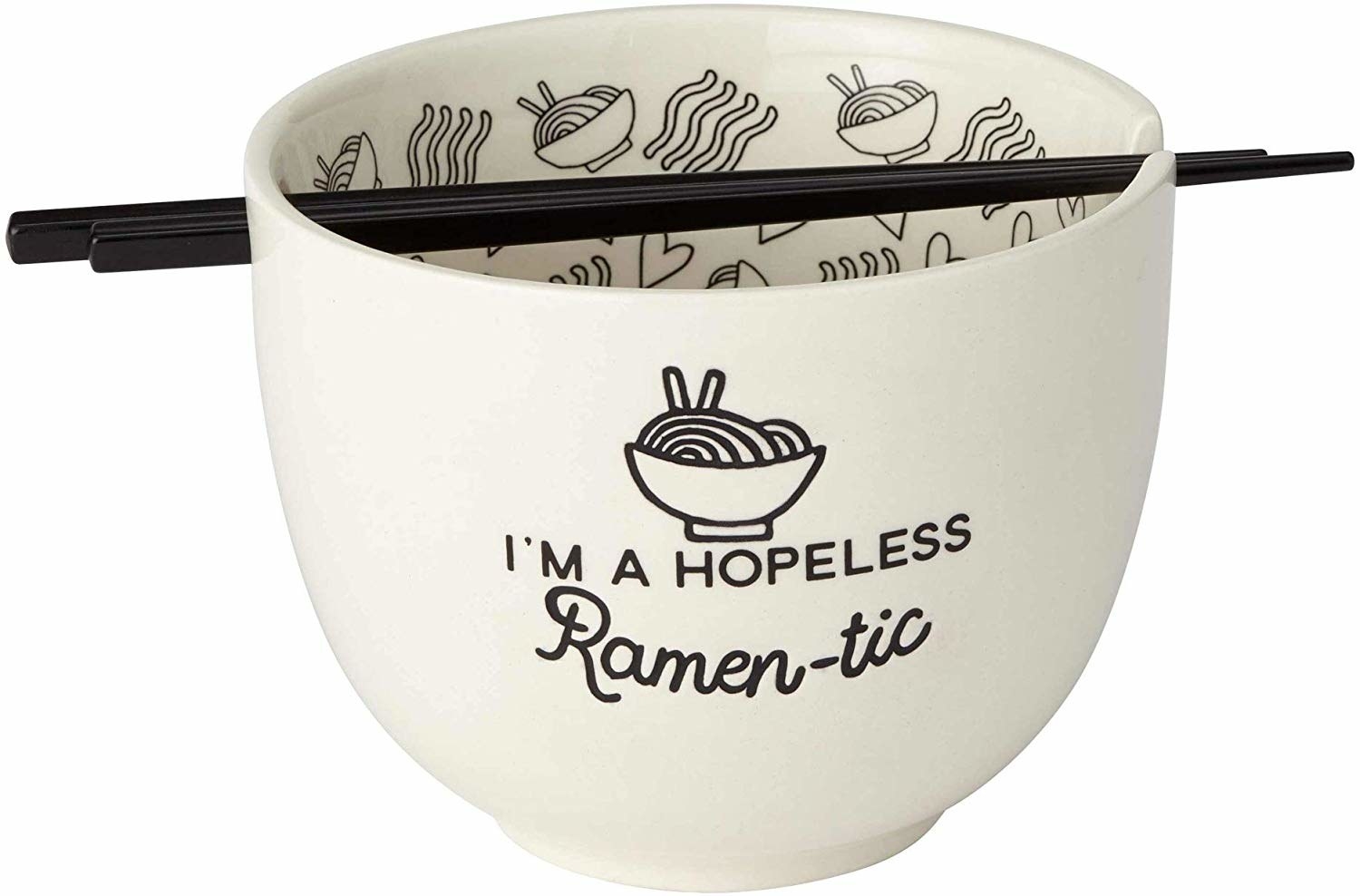 The bowl, which says &quot;I&#x27;m a hopeless ramen-tick&quot; and a ramen/noodle print inside