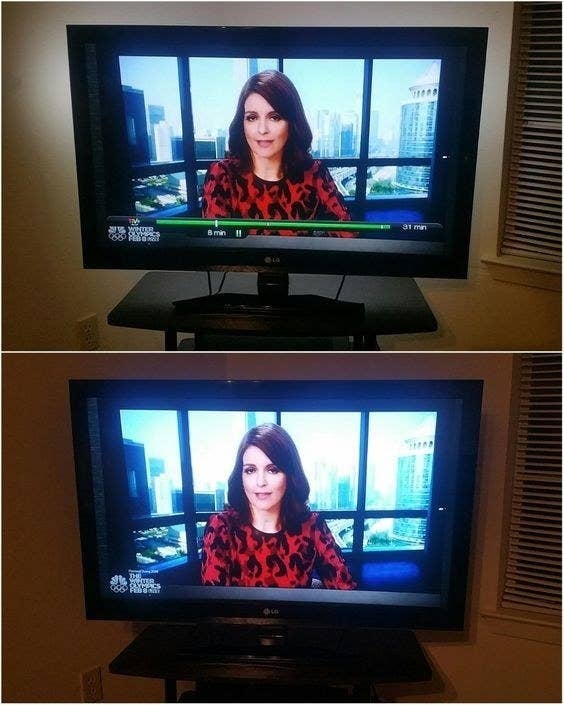 reviewer photo of TV with glare before using the strips and without glare after using the strips 