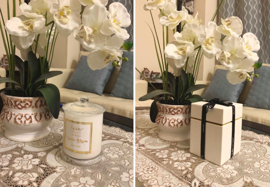 reviewer image showing candle and the gift-ready box it came in