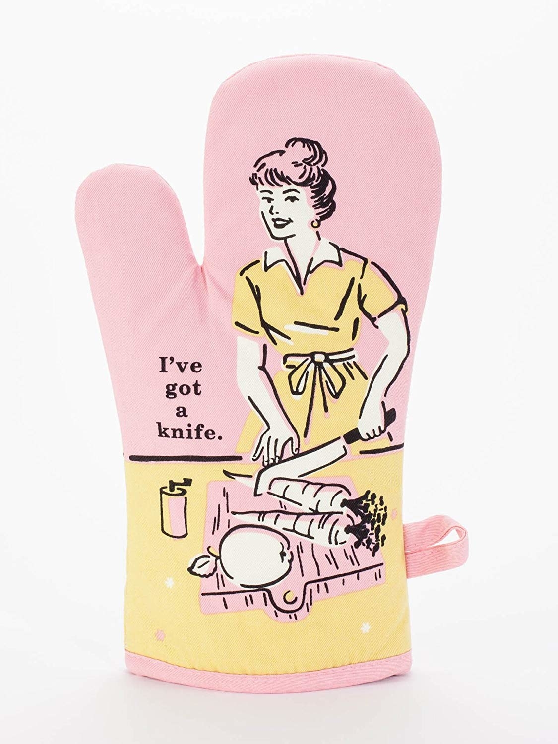 the oven mitt, with a vintage style picture of a woman cutting carrots saying &quot;I&#x27;ve got a knife&quot; 