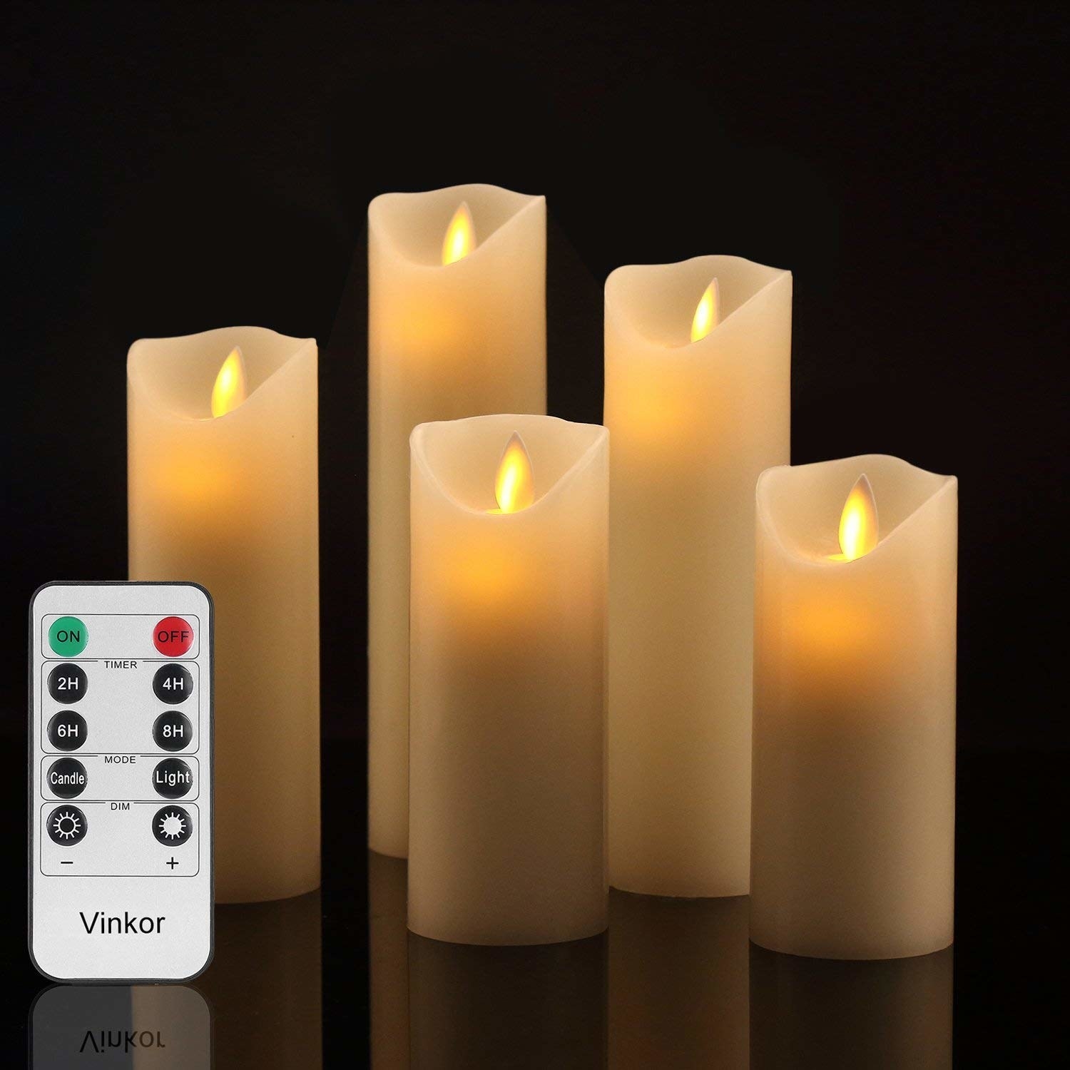 The candles in five different sizes, plus the remote