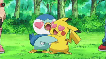 Pikachu and another Pokemon hugging with hearts in their eyes 