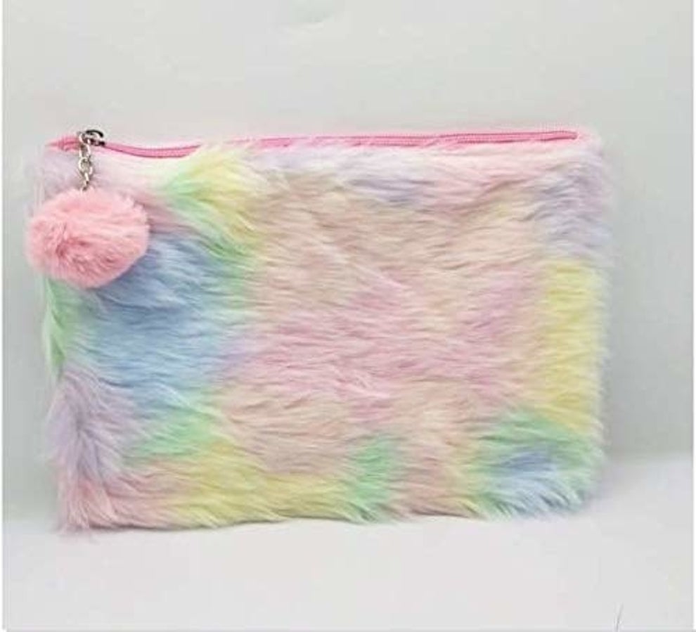 Fluffy Rainbow Faux Fur Pencil Bag with Super Soft Pom Pom
