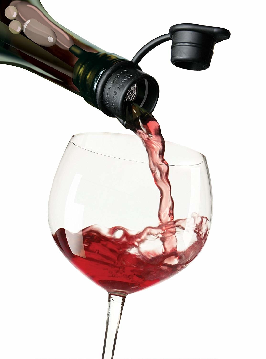 wine bottle with the wine stopper on it and popped open as the wine falls into a stemmed glass