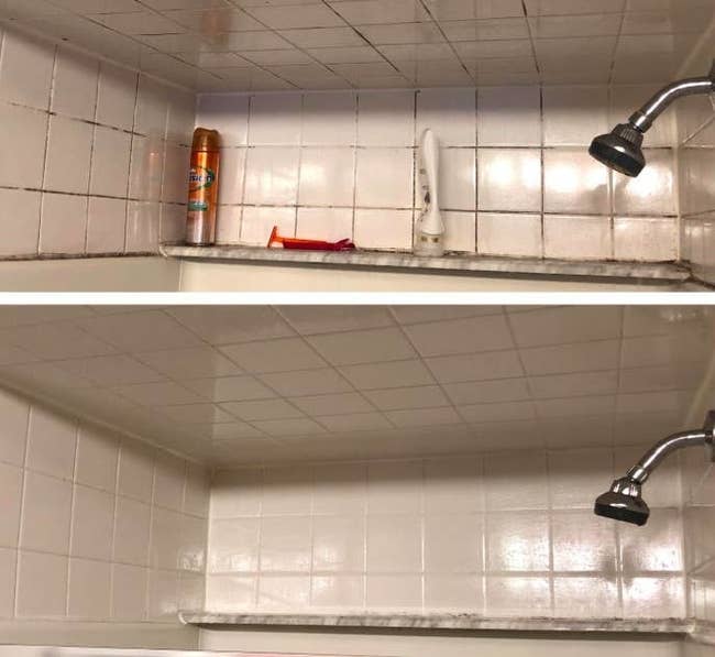 a reviewer before and after photo of their shower wall looking cleaner after using the product