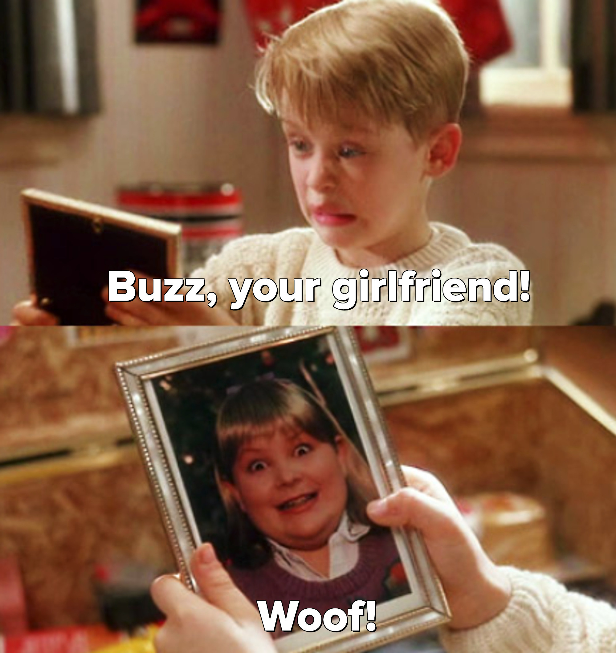 Kevin looking at a picture of Buzz&#x27;s girlfriend