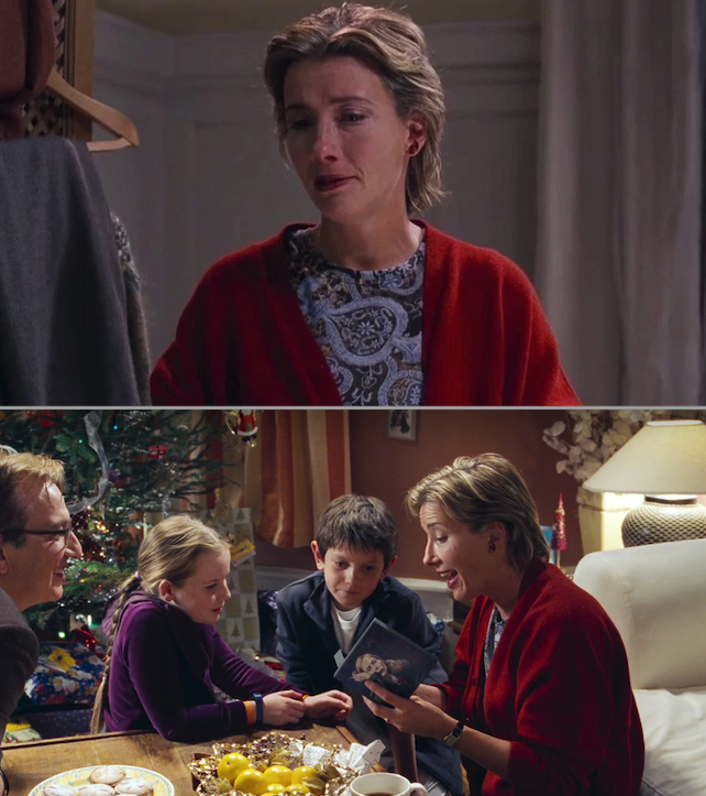 Emma Thompson&#x27;s character crying and then opening up her gift with her family