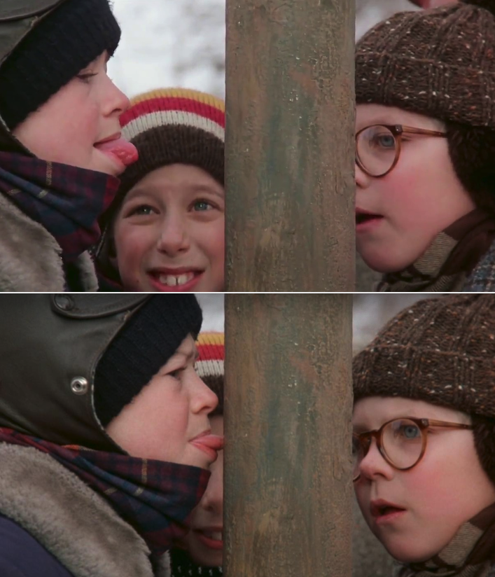 Flick sticking his tongue out and getting it stuck to the frozen pole