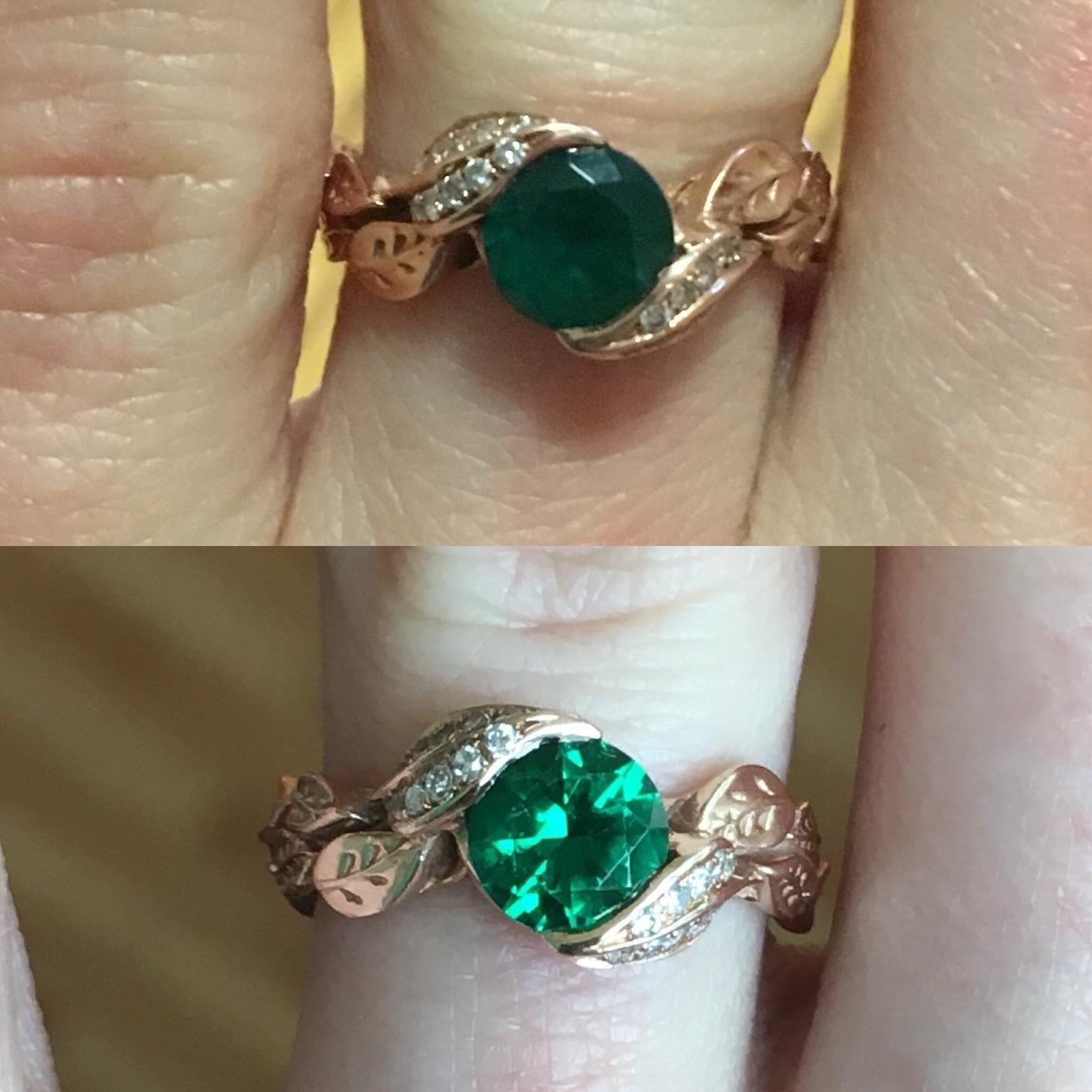 top photo shows a reviewers ring looking dark and dull. the bottom photo shows the same reviewer&#x27;s ring after it&#x27;s been cleaned. It looks clear and shiny.