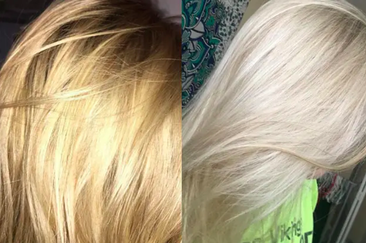 a before image showing yellow toned blond hair and an after showing more icy blonde hair