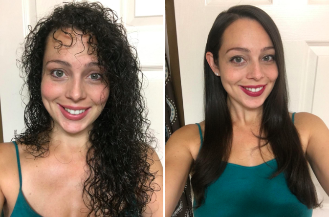 a before and after of a person with curly hair straightening it
