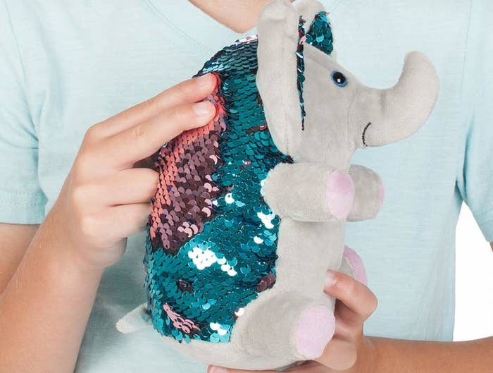 Weighted elephant sensory toy with reversible colored sequins 