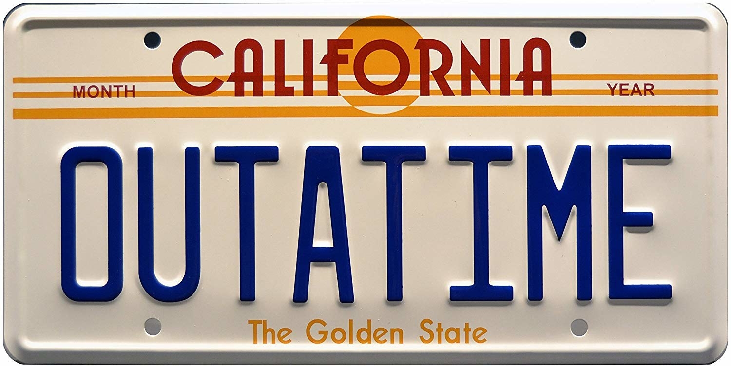 A vanity plate that says OUTATIME
