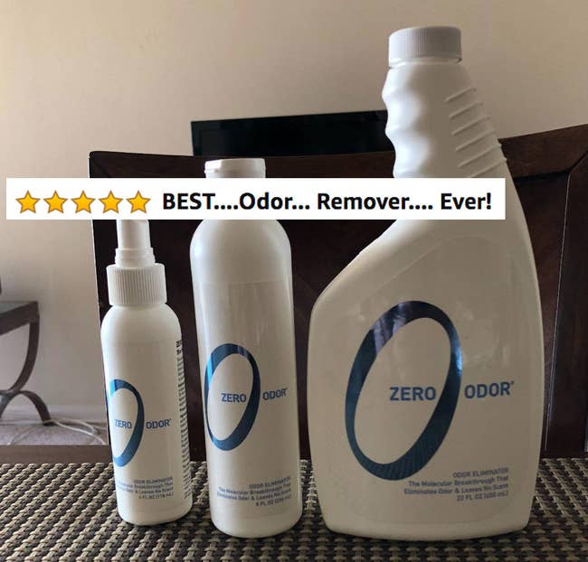 The bottles of zero odor with five star review text 