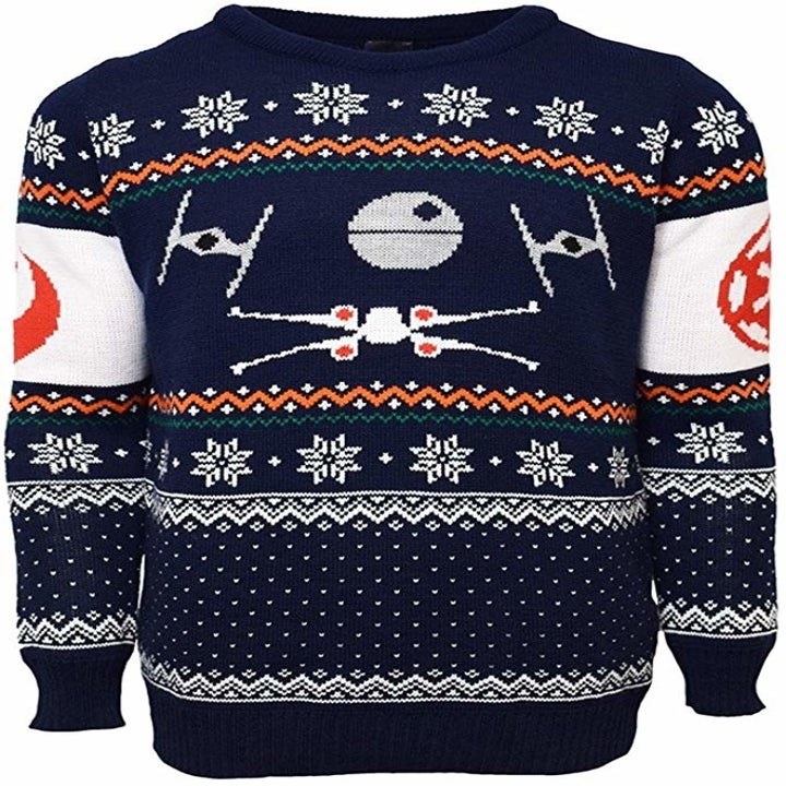 the blue sweater with a death star and tie fighter design on it