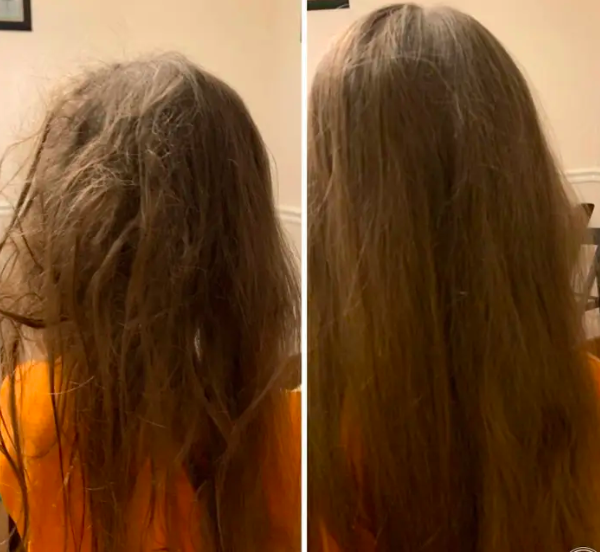 reviewer&#x27;s hair very tangly on the left and untangled hair on the right