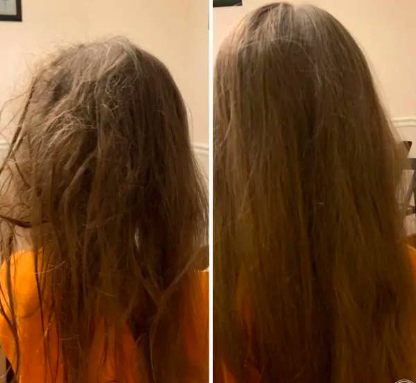 A before and after of a reviewer&#x27;s tangled and untangled hair 
