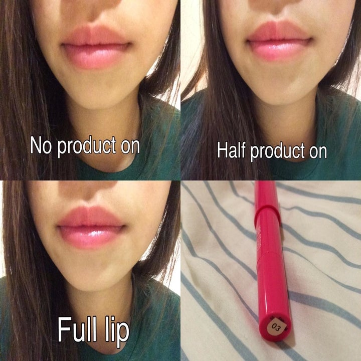 reviewer photo chart showing how the gloss looks on her lips versus without 