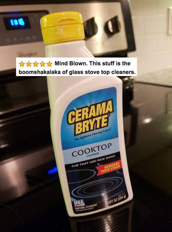 The bottle of cleaner, with five stars and review text 